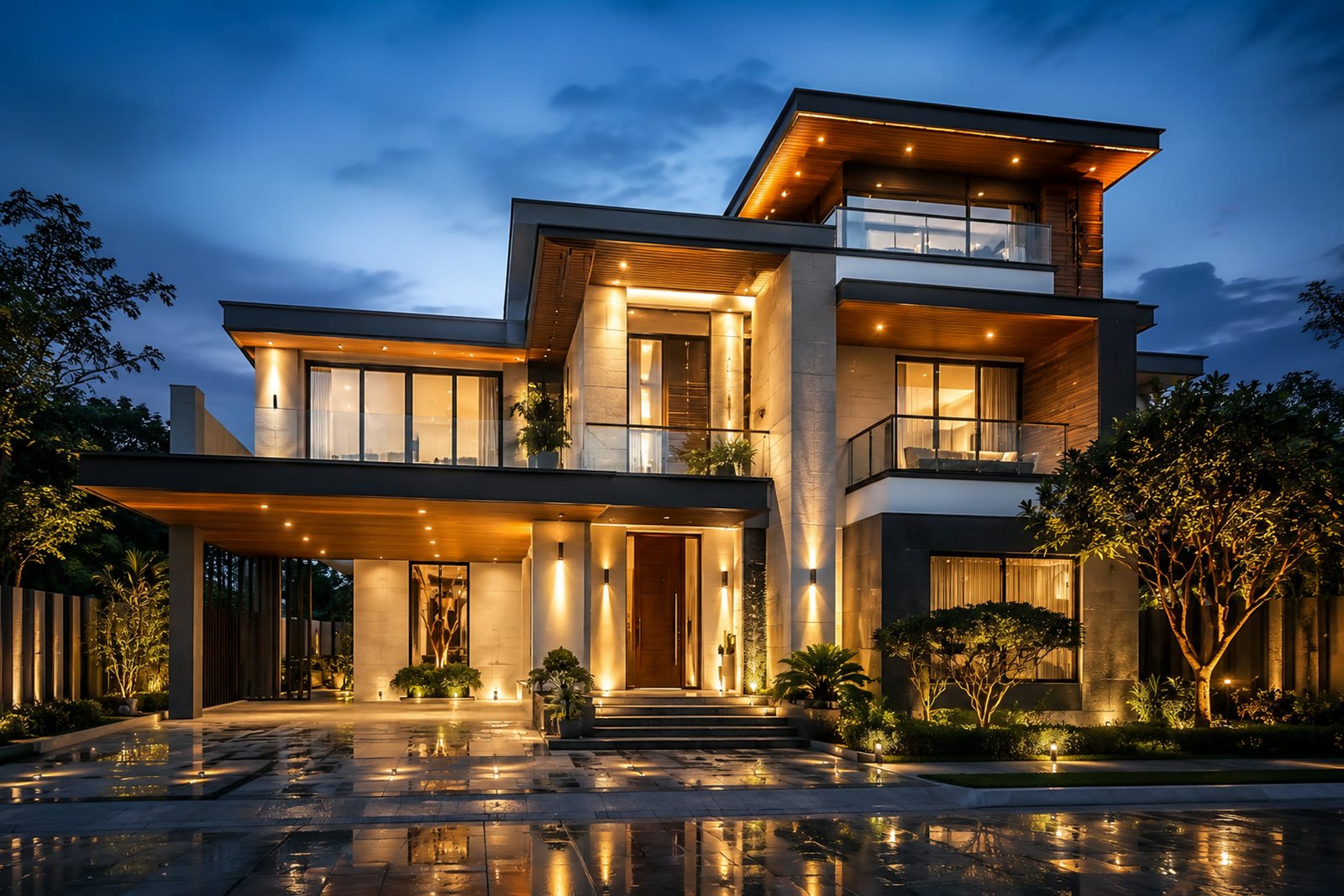 Luxury villa at night, lit and automated by Soul